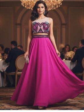 Versace Hot Pink Two-Piece Beaded Prom Gown